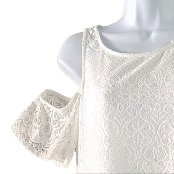 Sheinside Lace Dress Cream Small Short Sleeve Crochet Cold Shoulder Sheath - Picture 2 of 6